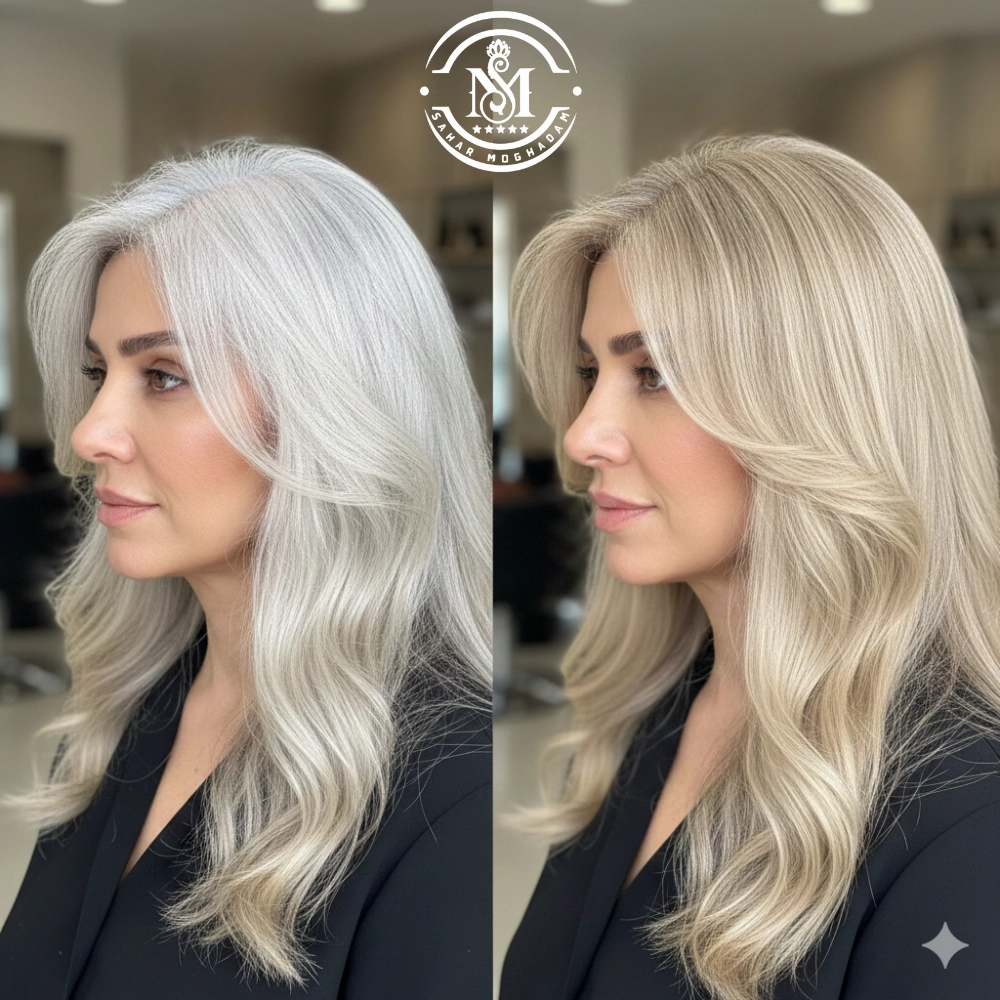 تصویر قبل و بعد پوشش موهای سفید با رنگ بلوند بژ روشن در سالن رابو سحر مقدم