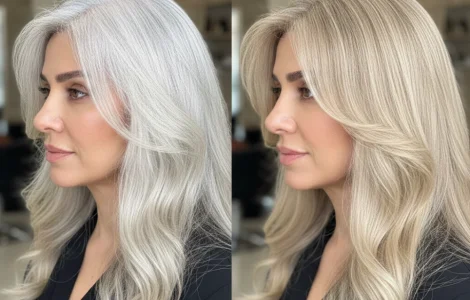 تصویر قبل و بعد پوشش موهای سفید با رنگ بلوند بژ روشن در سالن رابو سحر مقدم